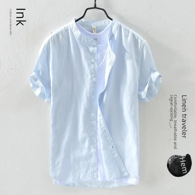 Men Linen Short Sleeve Shirt Summer Casual Cotton Linen Clothing Loose Style Youth Summer Top Adult Size Available