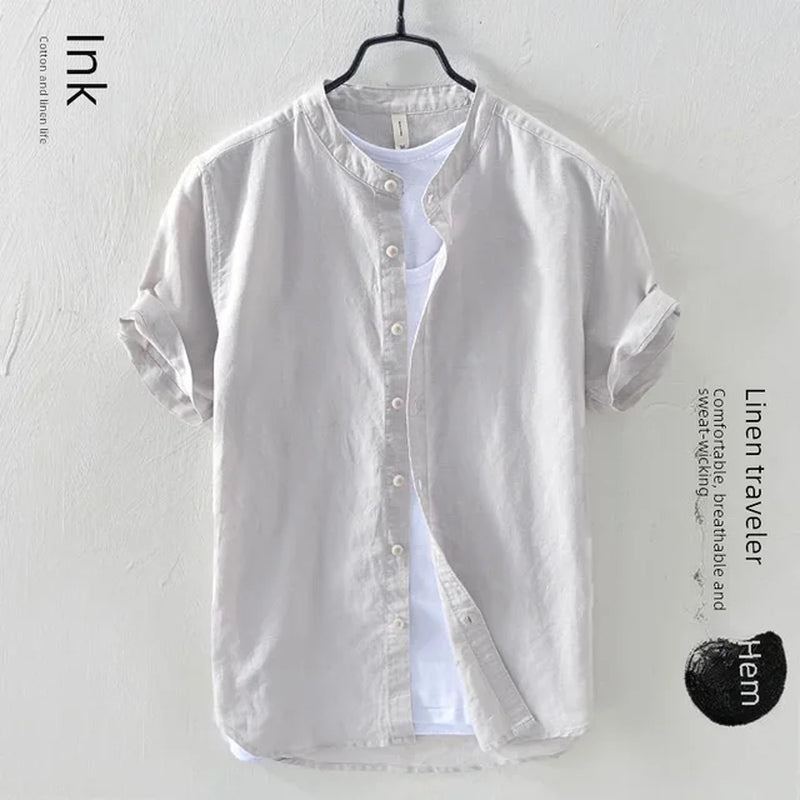 Men Linen Short Sleeve Shirt Summer Casual Cotton Linen Clothing Loose Style Youth Summer Top Adult Size Available