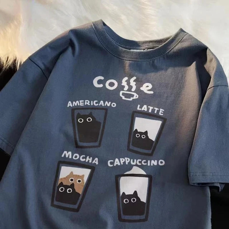 American Retro Trendy Cat Cotton T-Shirt Casual round Neck Men Women Summer Loose Couple Short Sleeved Tops Tee Harajuku Y2K