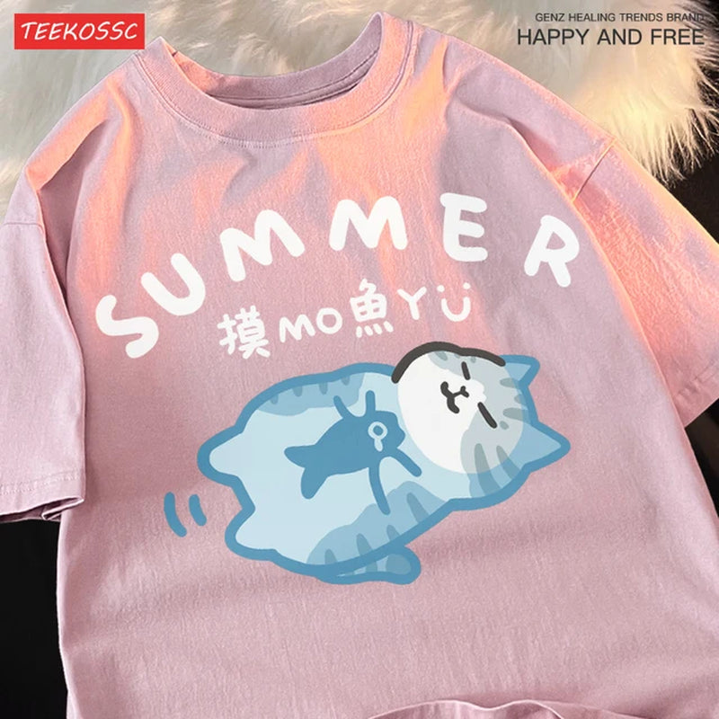 Fishing Little Cat Beautiful Short Fun Unisex Style Summer Short Sleeved T-Shirt Men Women Cat Blue Floating Trendy Cotton Tee