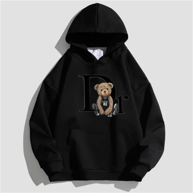 Unisex Letter Bear Print Hoodie, Pulôver Casual, Moda Natalícia, Solto Street Wear, Skate, Monocromático, Novo, Outono, 386