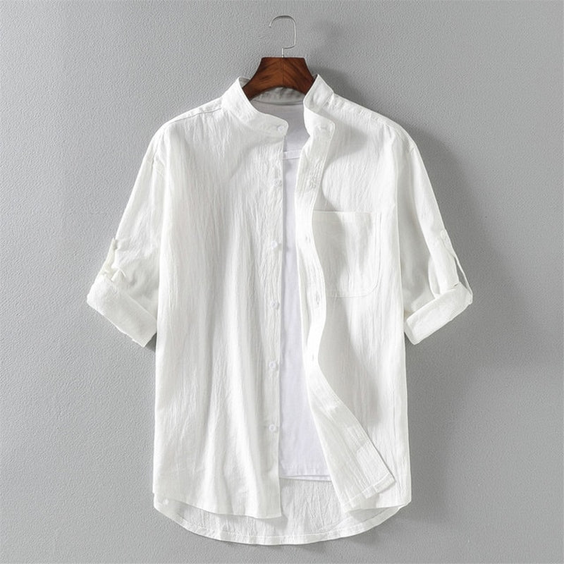 Spring and Summer Stand Collar Five-Point Mid-Sleeve Fashionable Men'S Short-Sleeved Shirt Seven-Point Sleeve Large Size Men'S