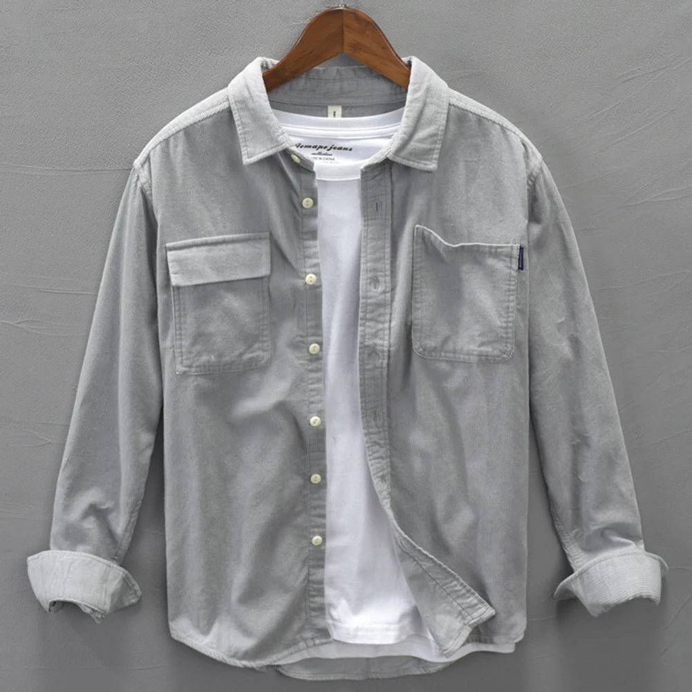 Men'S Corduroy Shirts Jackets Casual Cargo Shirt Long Sleeve Lapel Collar Baggy Fit Shirt Coats Tops Men Clothing