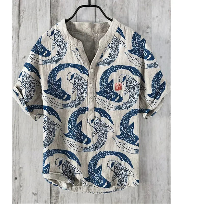 Spring and Summer Men'S and Women'S Shirts Independent Station Casual Fish Pattern Hawaiian Style Printed Shirts Men'S Tops